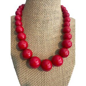 Vintage Red Acrylic Graduated Bead Necklace Silver Tone Chunky Adj 15" + 3"